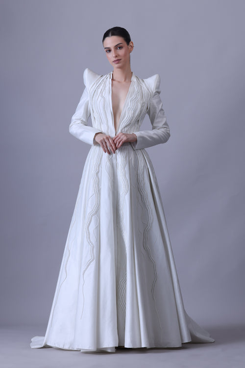 Floor-length gown with a lapel neckline