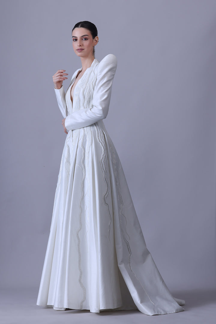 Architectural Ivory Gown with Linear Embroidered Panels