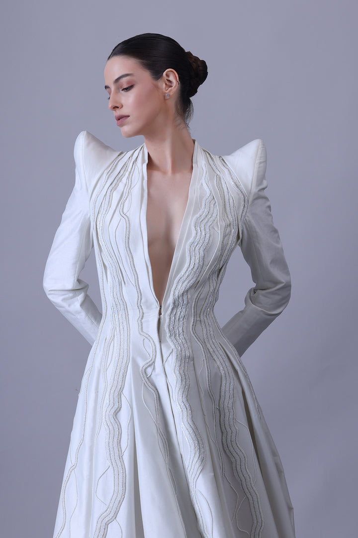 Architectural Ivory Gown with Linear Embroidered Panels
