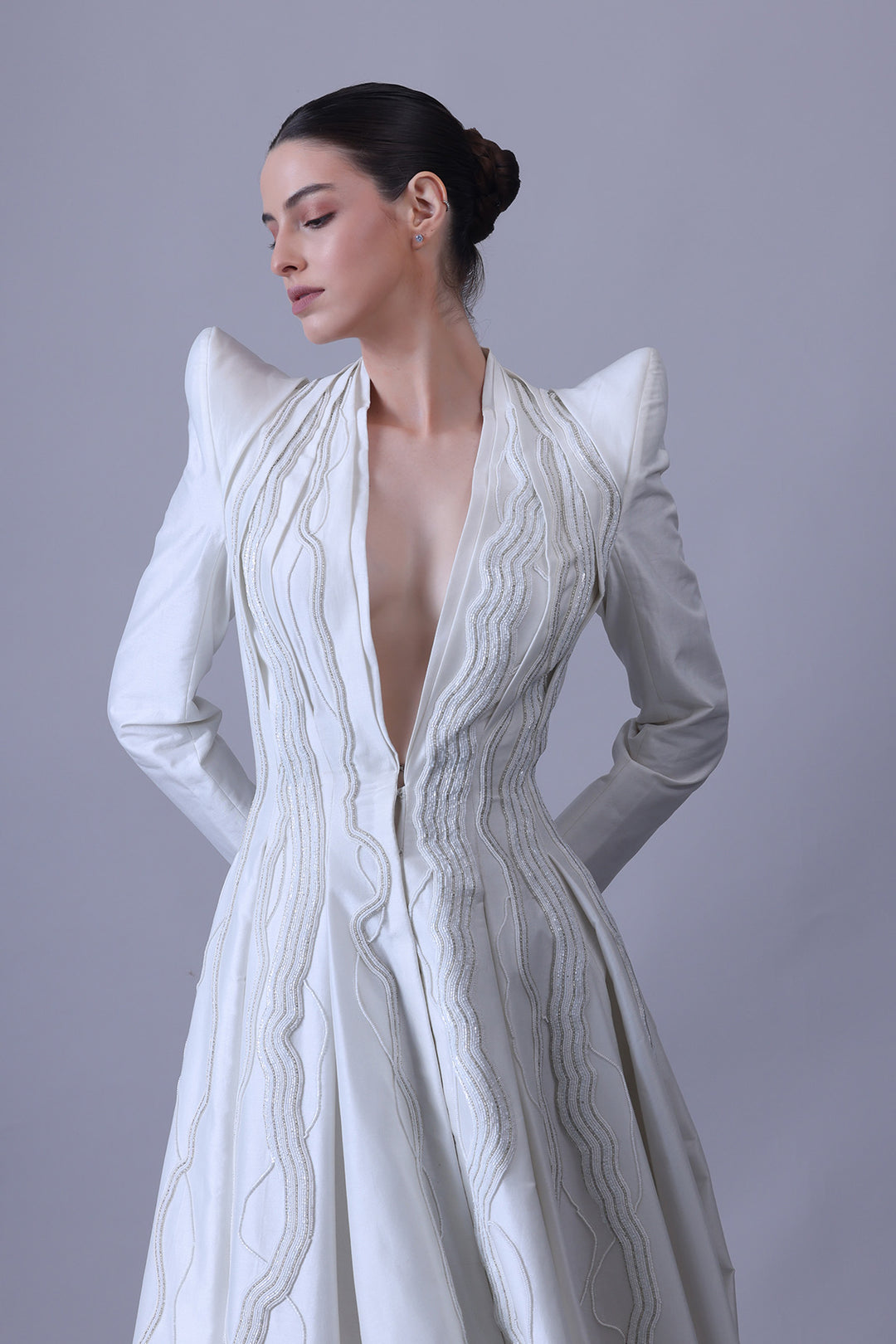 Architectural Ivory Gown with Linear Embroidered Panels