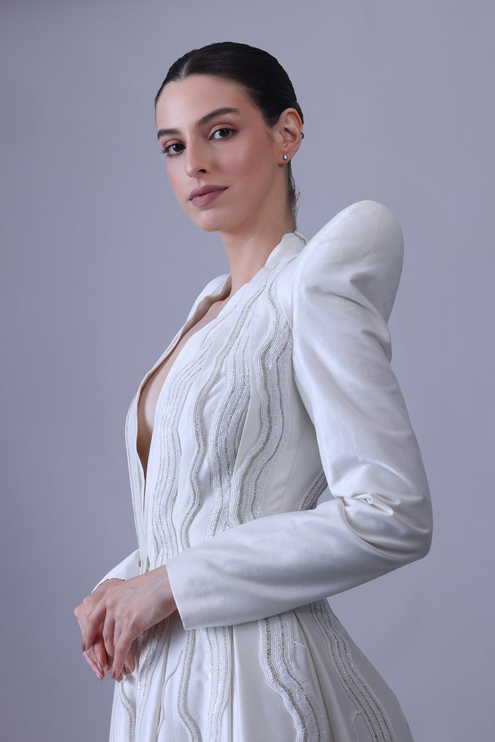 Architectural Ivory Gown with Linear Embroidered Panels