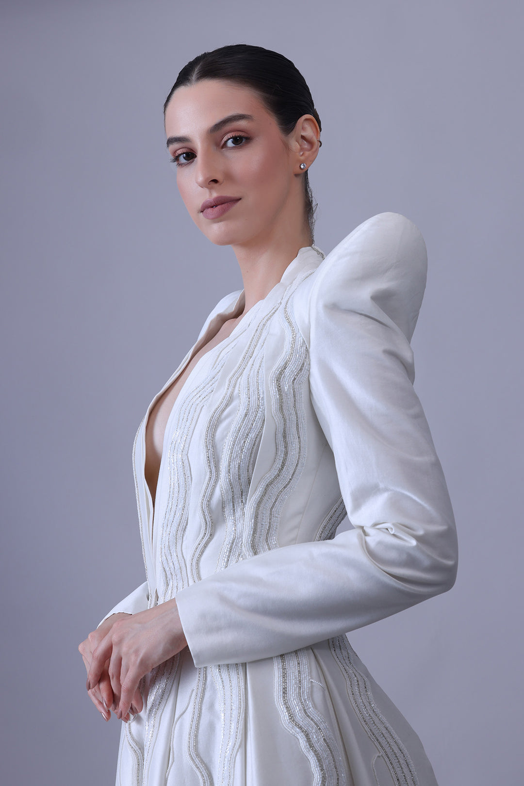 Architectural Ivory Gown with Linear Embroidered Panels
