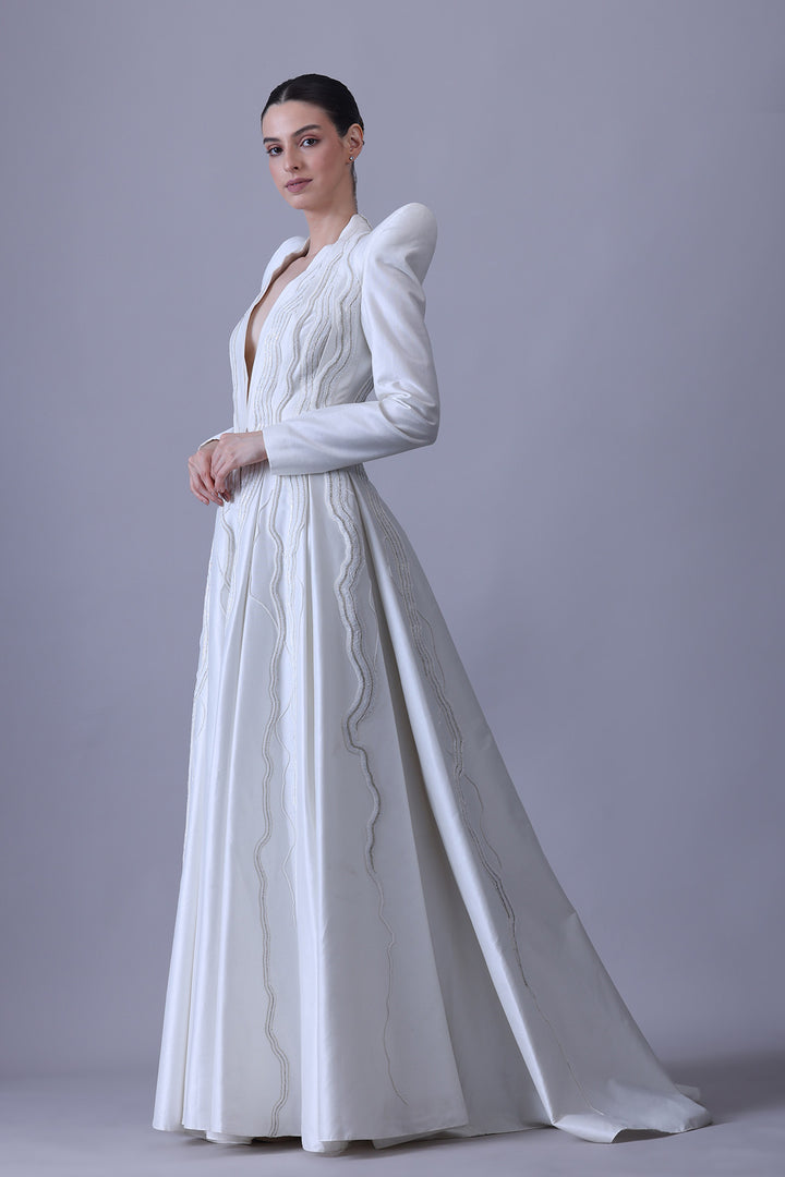 Architectural Ivory Gown with Linear Embroidered Panels