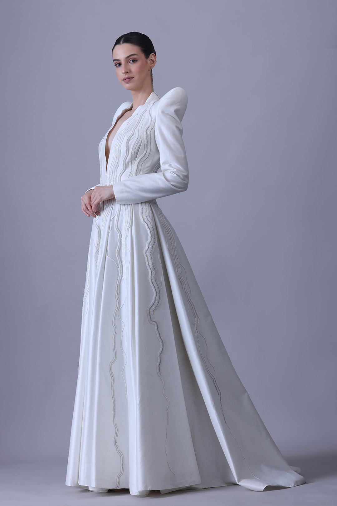 Architectural Ivory Gown with Linear Embroidered Panels