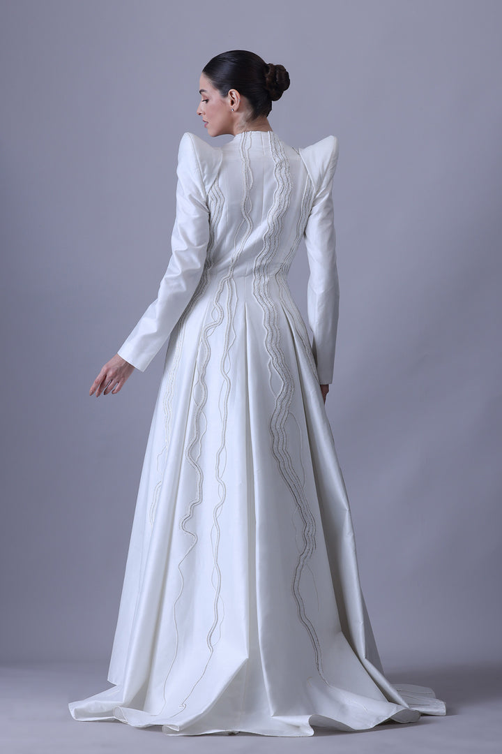 Architectural Ivory Gown with Linear Embroidered Panels