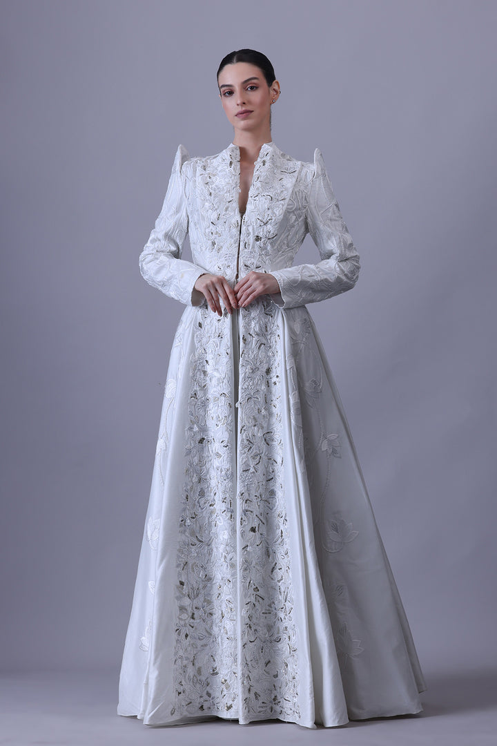 Structured Ivory Gown with Metallic Floral Threadwork