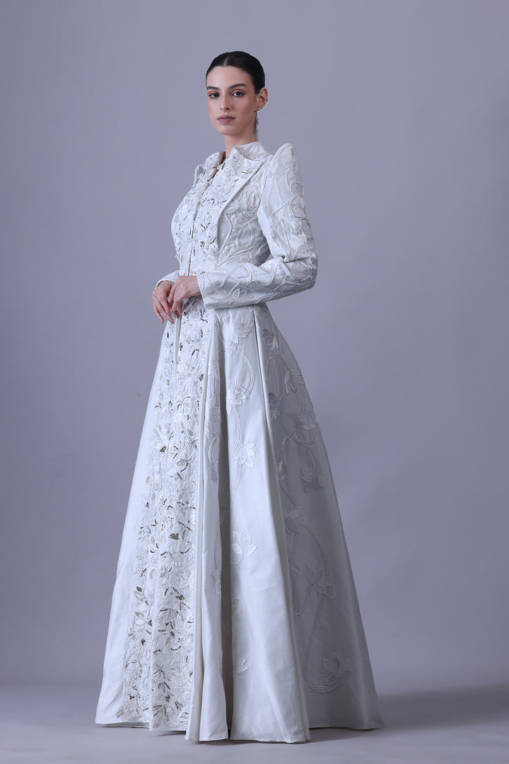 Structured Ivory Gown with Metallic Floral Threadwork