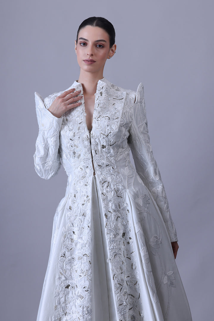 Structured Ivory Gown with Metallic Floral Threadwork