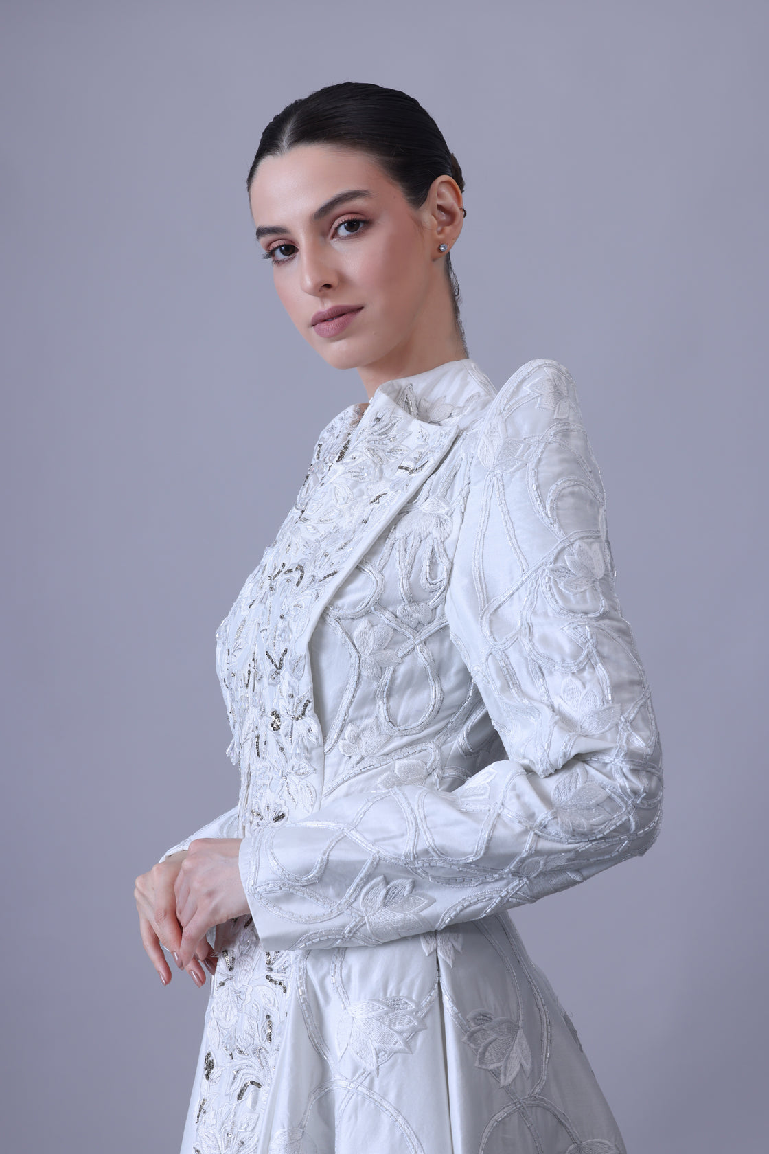 Make a bold statement in this regal full-sleeve gown