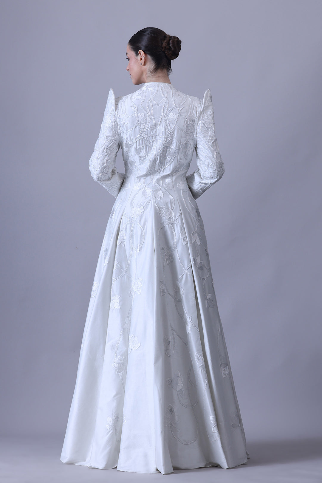 Structured Ivory Gown with Metallic Floral Threadwork