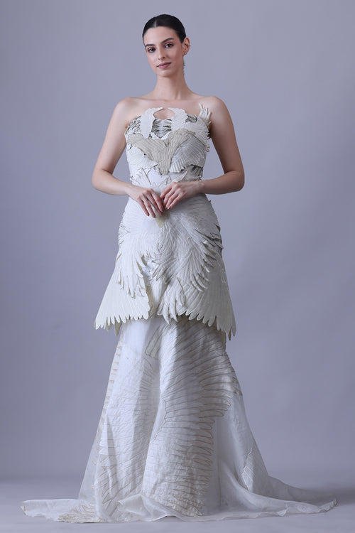 Ivory Strapless Gown with Sculpted Feather Detailing