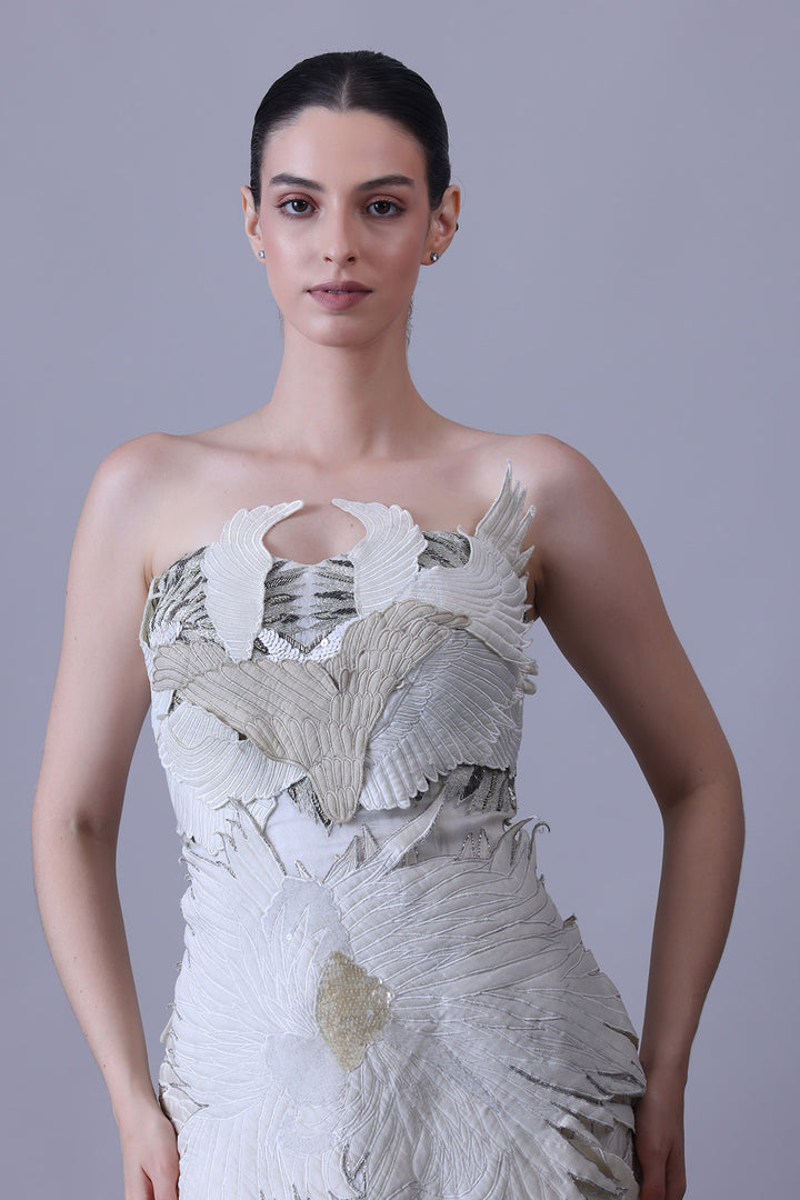 Ivory Strapless Gown with Sculpted Feather Detailing