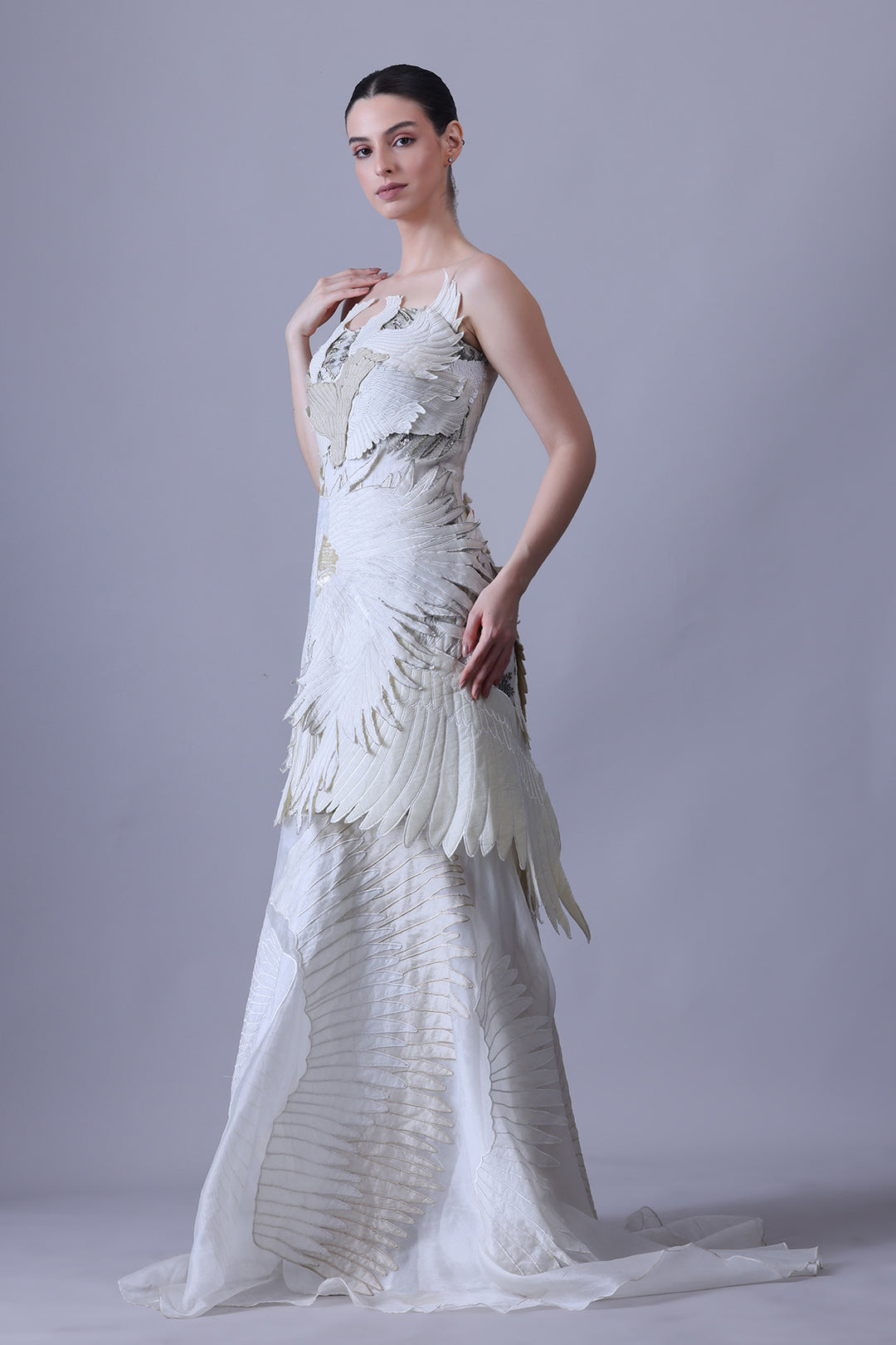 Ivory Strapless Gown with Sculpted Feather Detailing