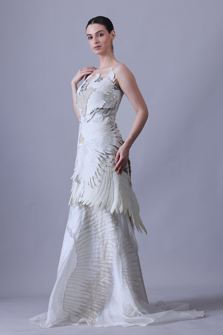 Ivory Strapless Gown with Sculpted Feather Detailing