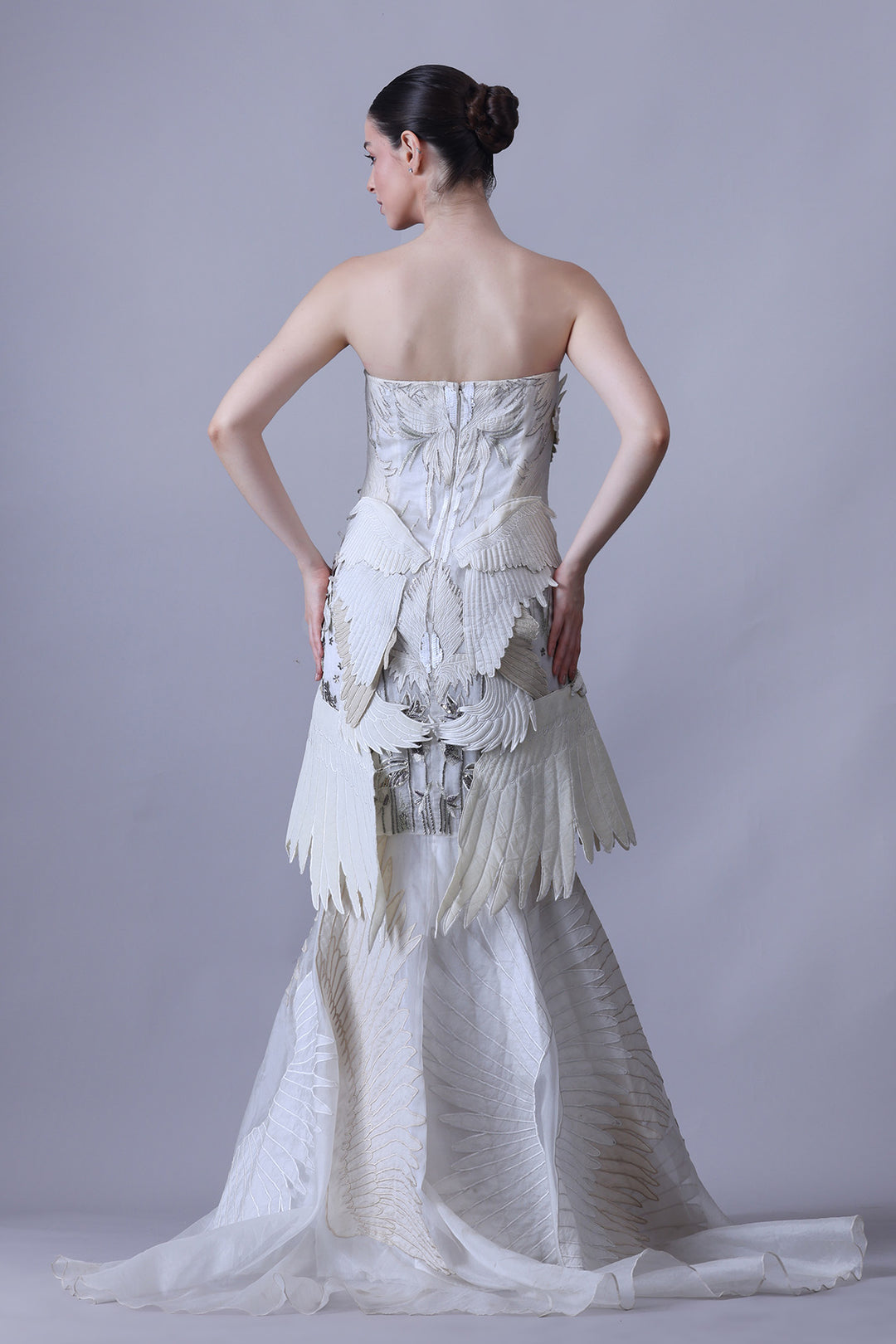 Ivory Strapless Gown with Sculpted Feather Detailing
