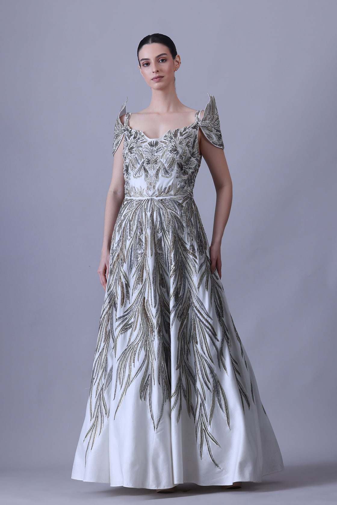Sculpted Ivory Gown with Cascading Threadwork