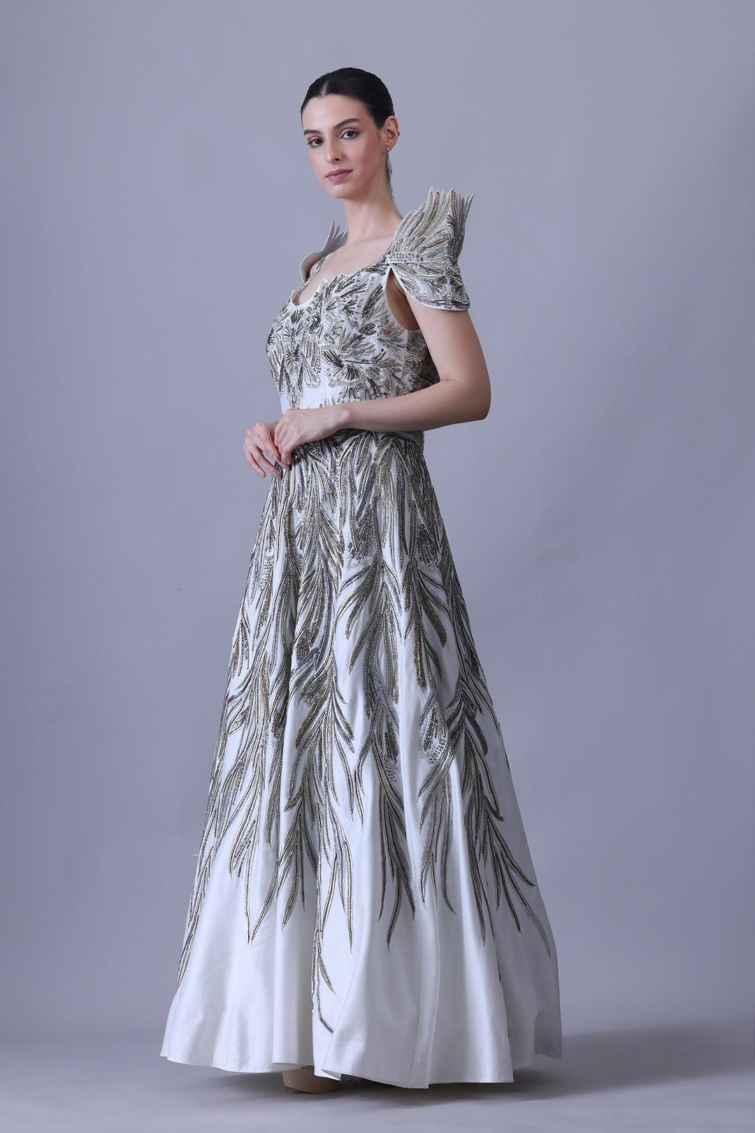 Sculpted Ivory Gown with Cascading Threadwork