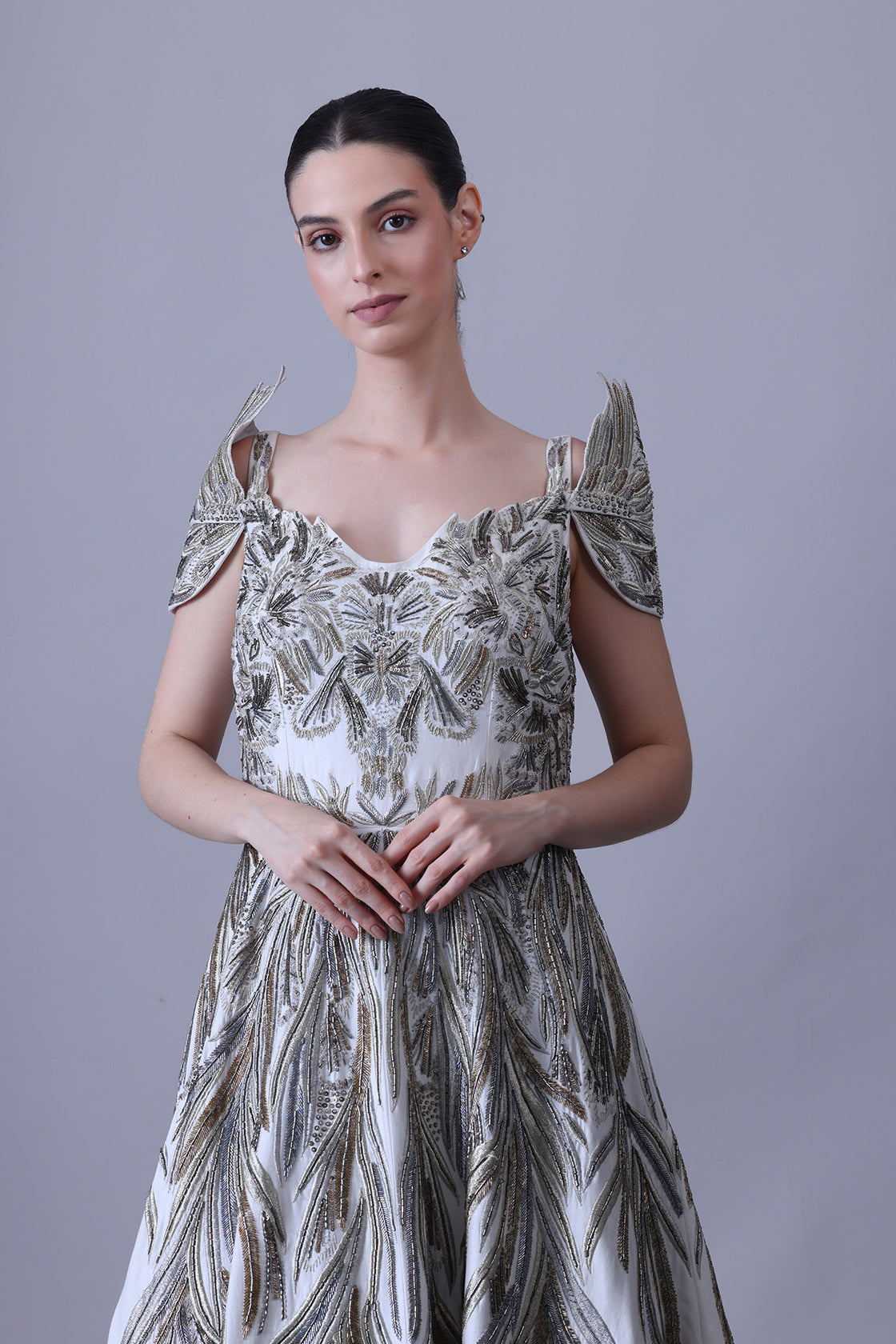 Sculpted Ivory Gown with Cascading Threadwork
