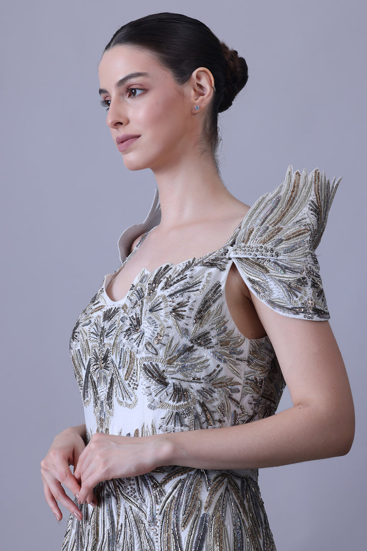 Sculpted Ivory Gown with Cascading Threadwork