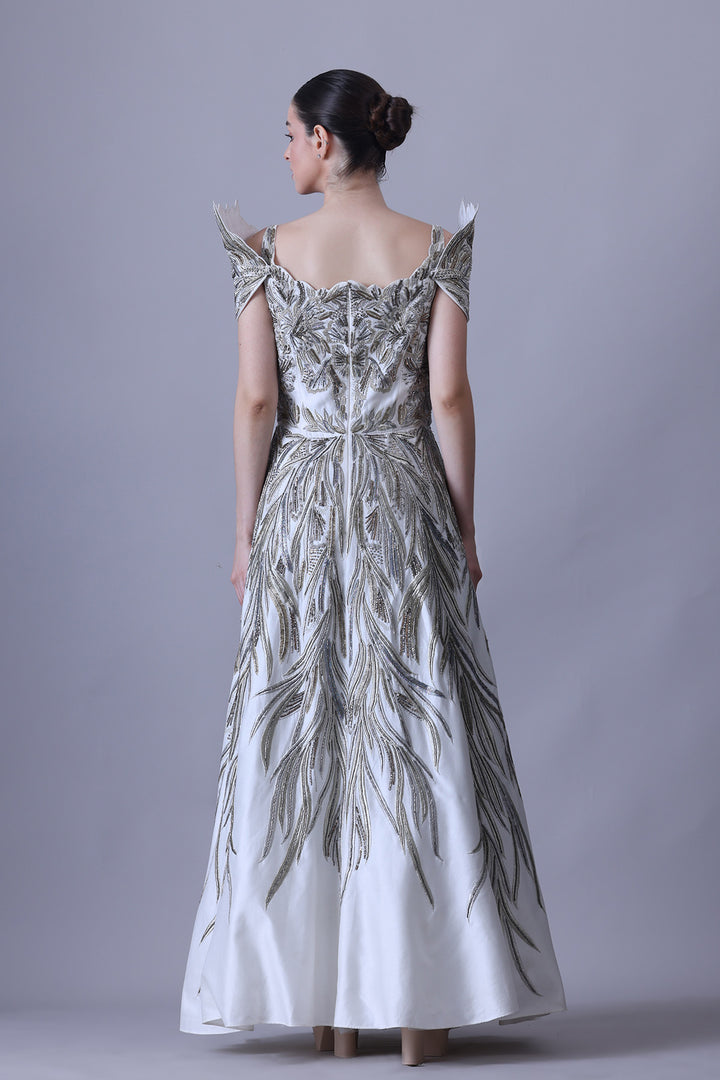 Sculpted Ivory Gown with Cascading Threadwork