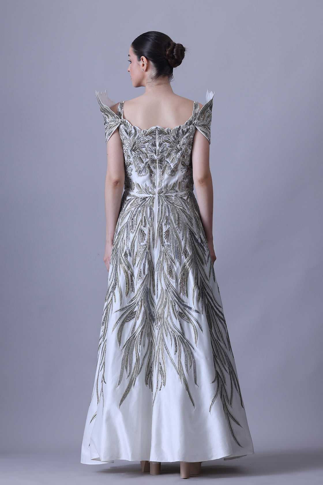 Sculpted Ivory Gown with Cascading Threadwork