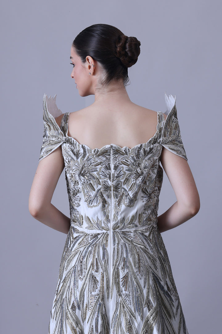 Sculpted Ivory Gown with Cascading Threadwork