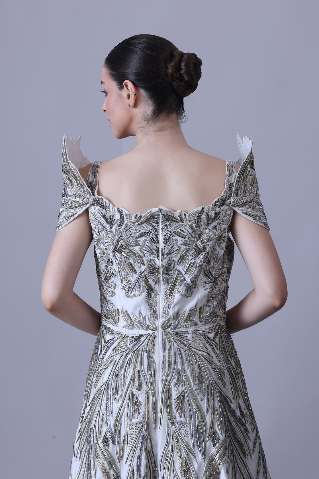 Sculpted Ivory Gown with Cascading Threadwork