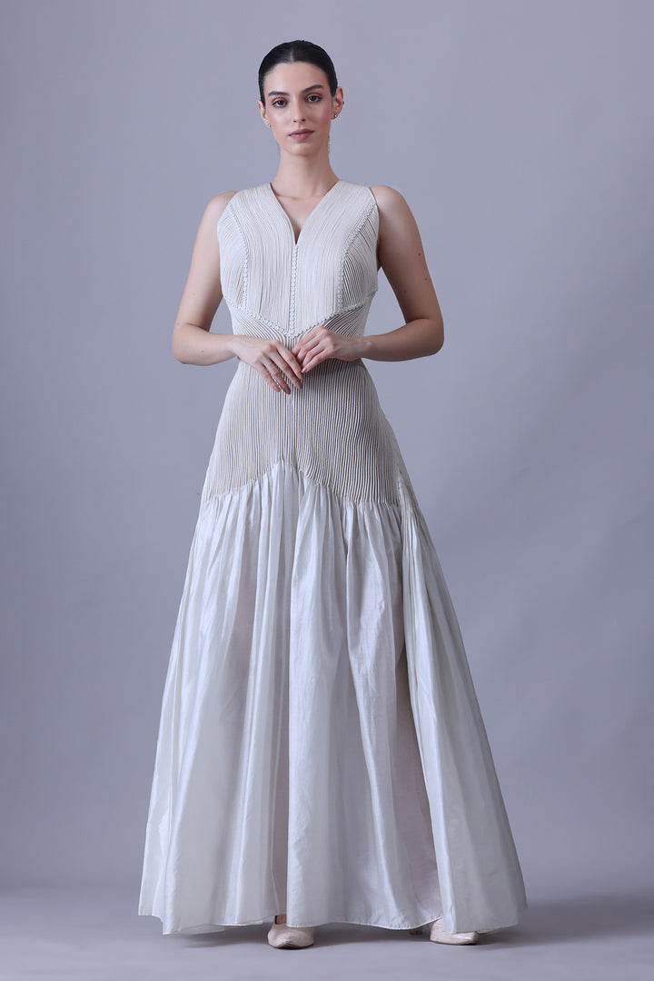 Ivory Cotton Silk V-Neck Gown.