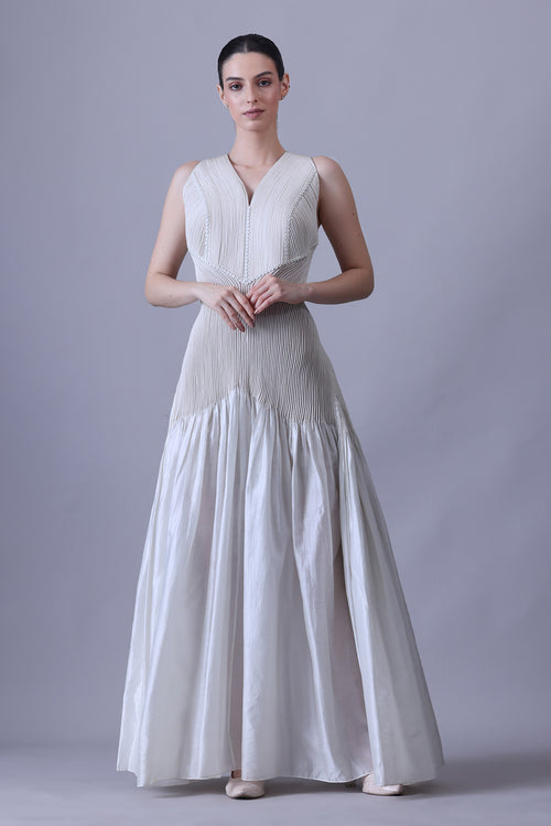 Ivory Cotton Silk V-Neck Gown.