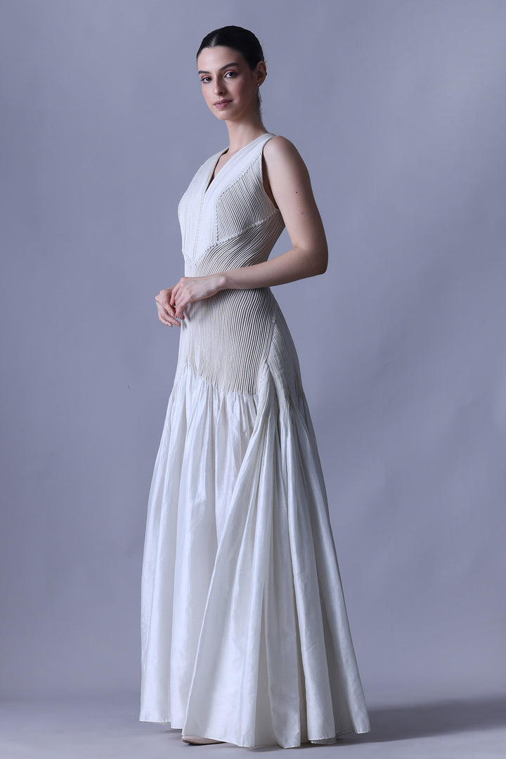 Ivory Cotton Silk V-Neck Gown.