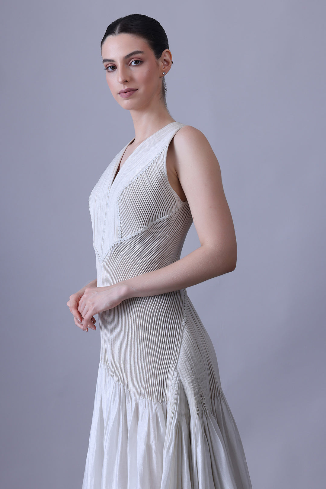 Ivory Cotton Silk V-Neck Gown.