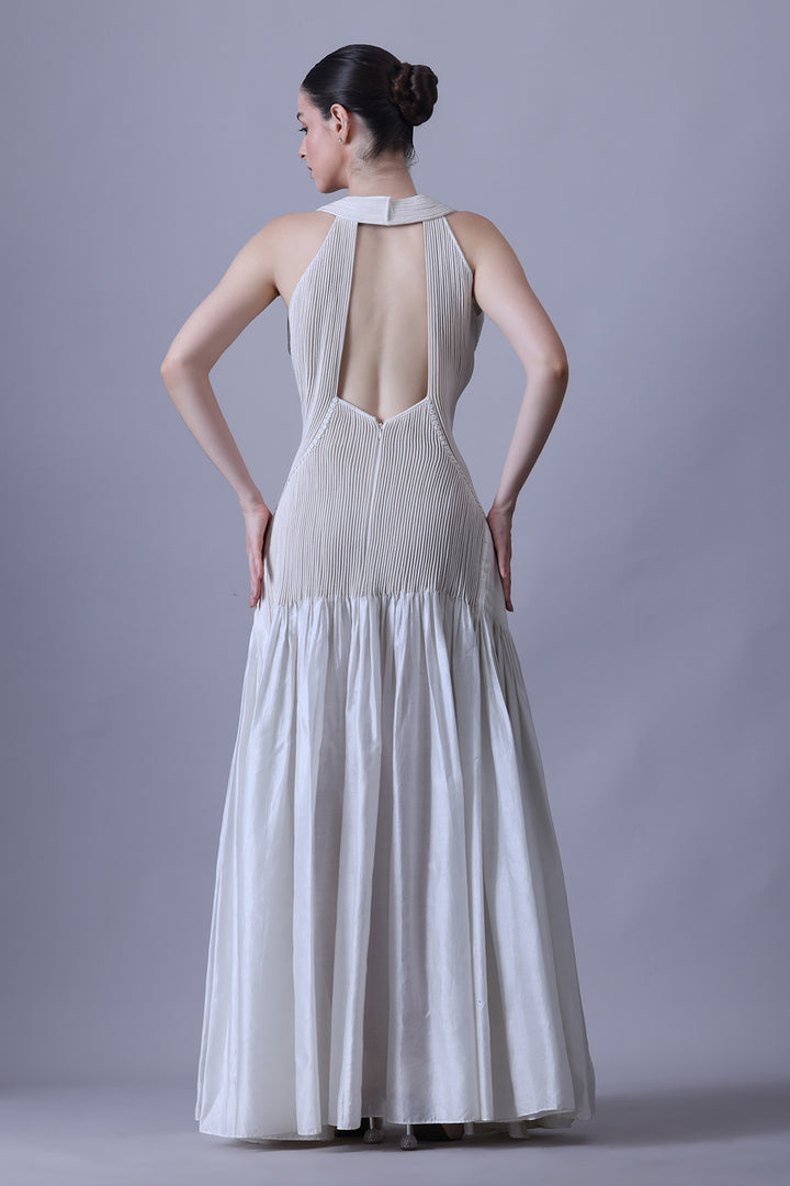 Ivory Cotton Silk V-Neck Gown.
