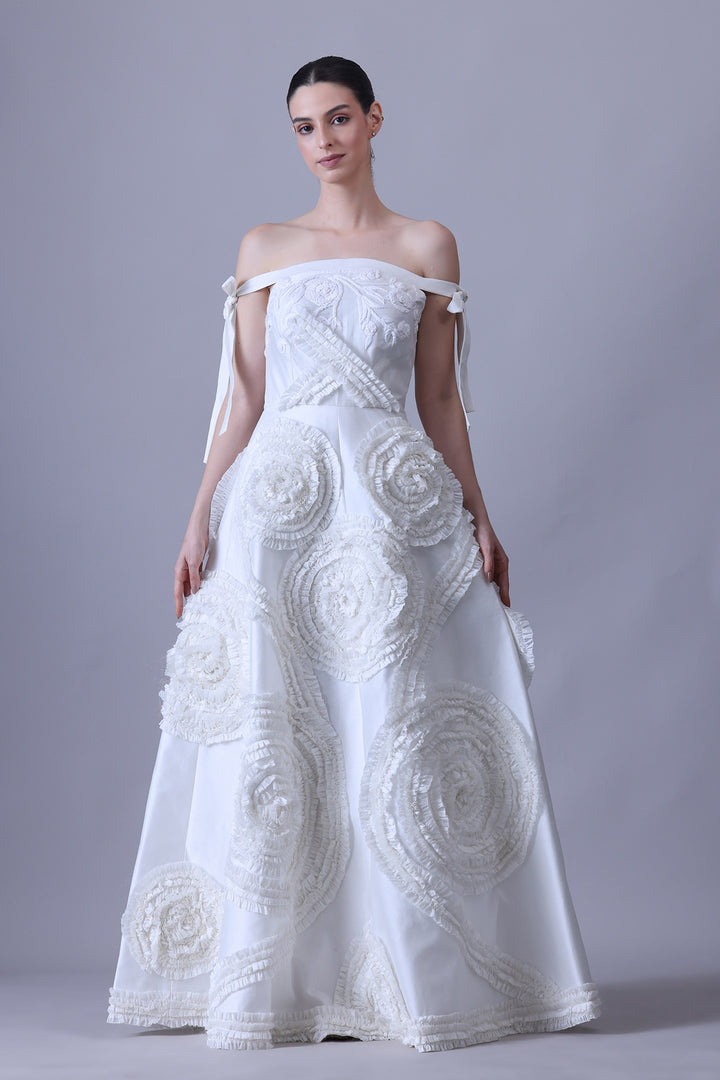 Ivory Off-Shoulder Gown with Textured Rosette Appliqué