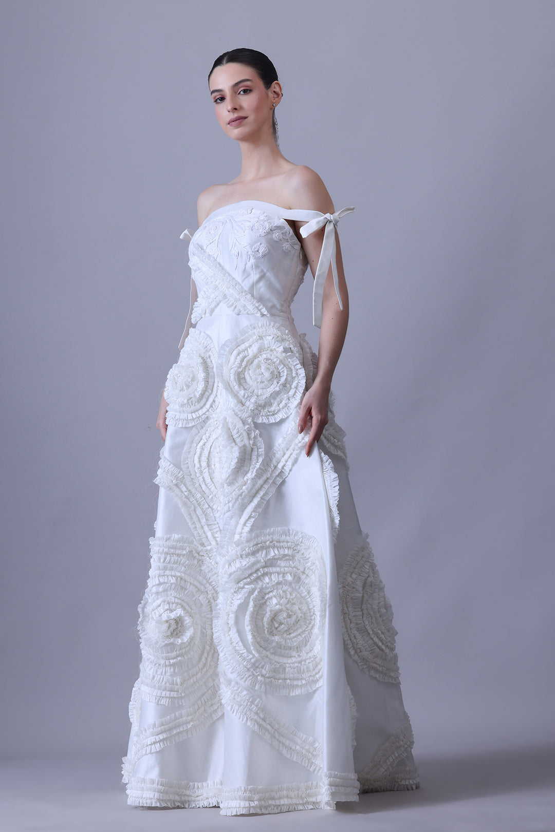 Ivory Off-Shoulder Gown with Textured Rosette Appliqué