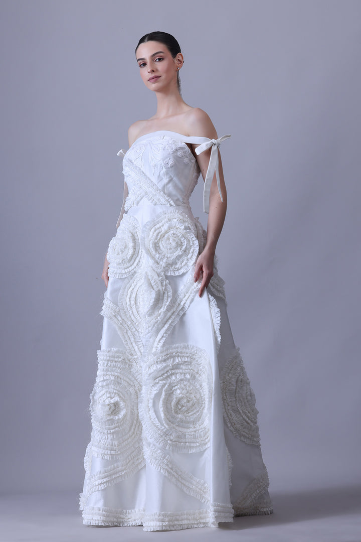 Ivory Off-Shoulder Gown with Textured Rosette Appliqué