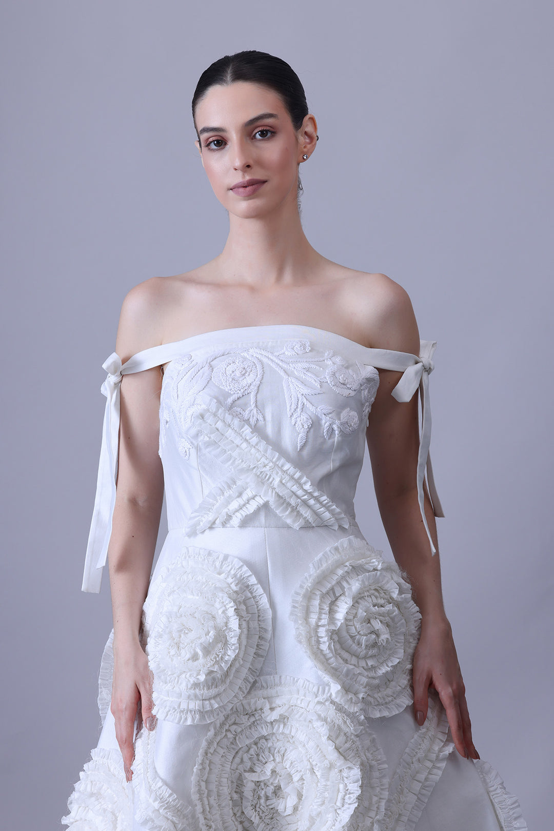 Ivory Off-Shoulder Gown with Textured Rosette Appliqué