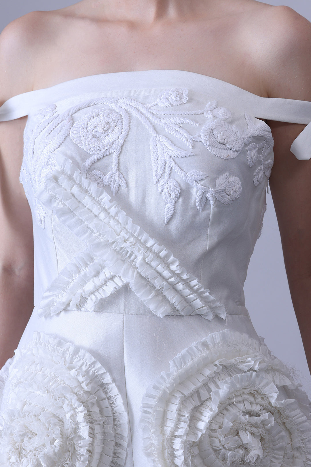 Ivory Off-Shoulder Gown with Textured Rosette Appliqué