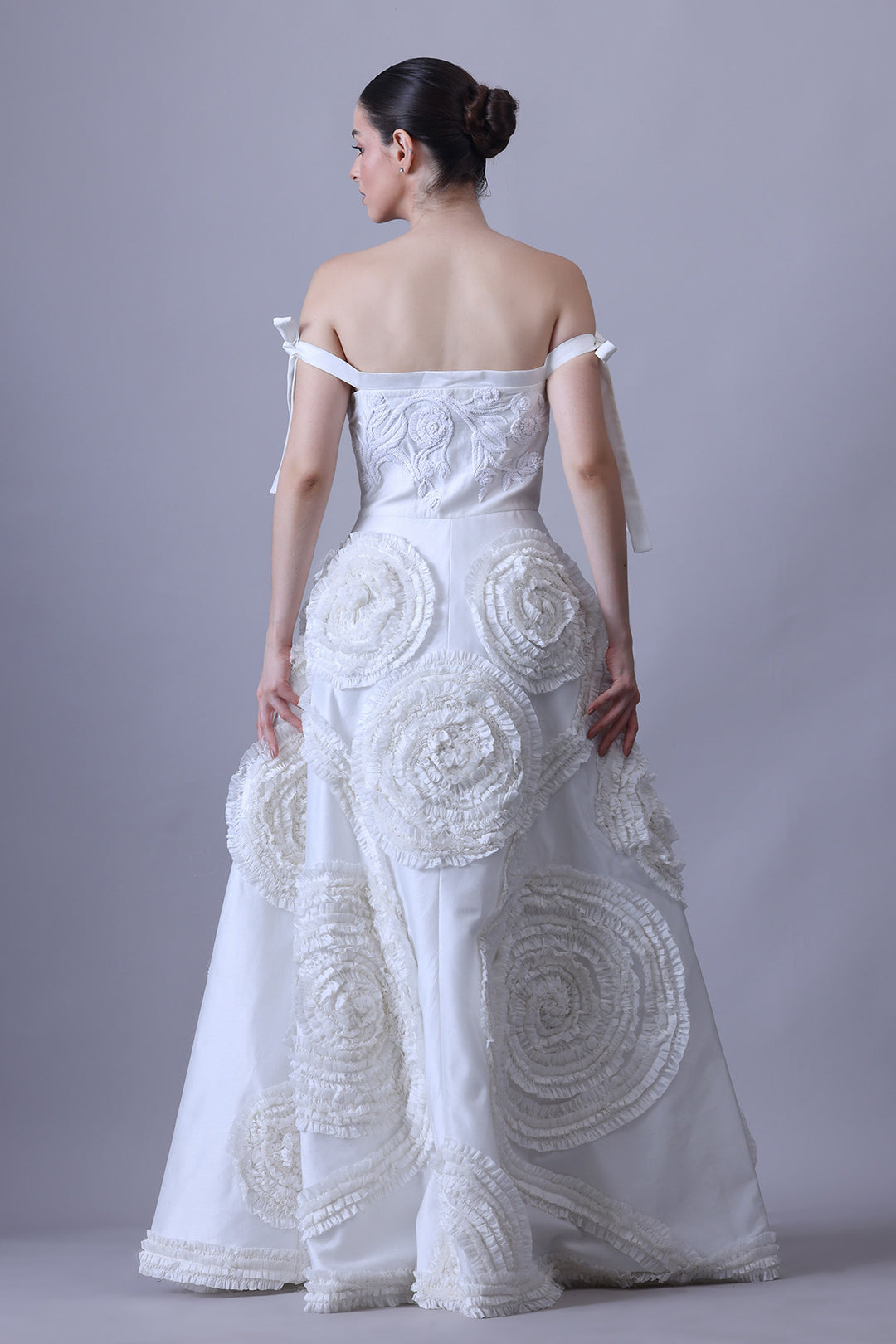 Ivory Off-Shoulder Gown with Textured Rosette Appliqué