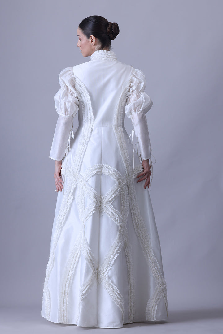 Pearl Ivory High-Neck Gown with Sculpted Panel Embroidery