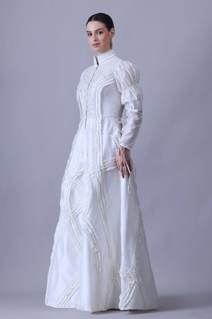 Pearl Ivory High-Neck Gown with Sculpted Panel Embroidery
