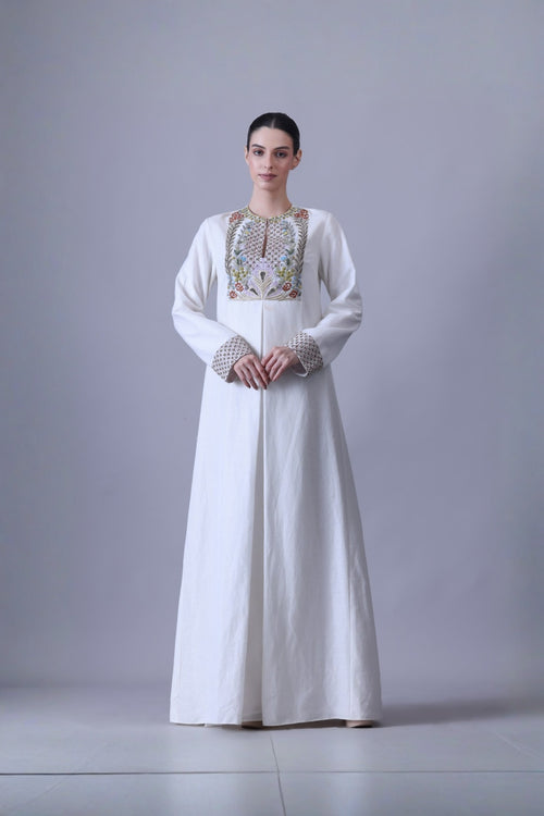 Ivory Yoke Ermbroidered Detail Straight Cut Kaftan