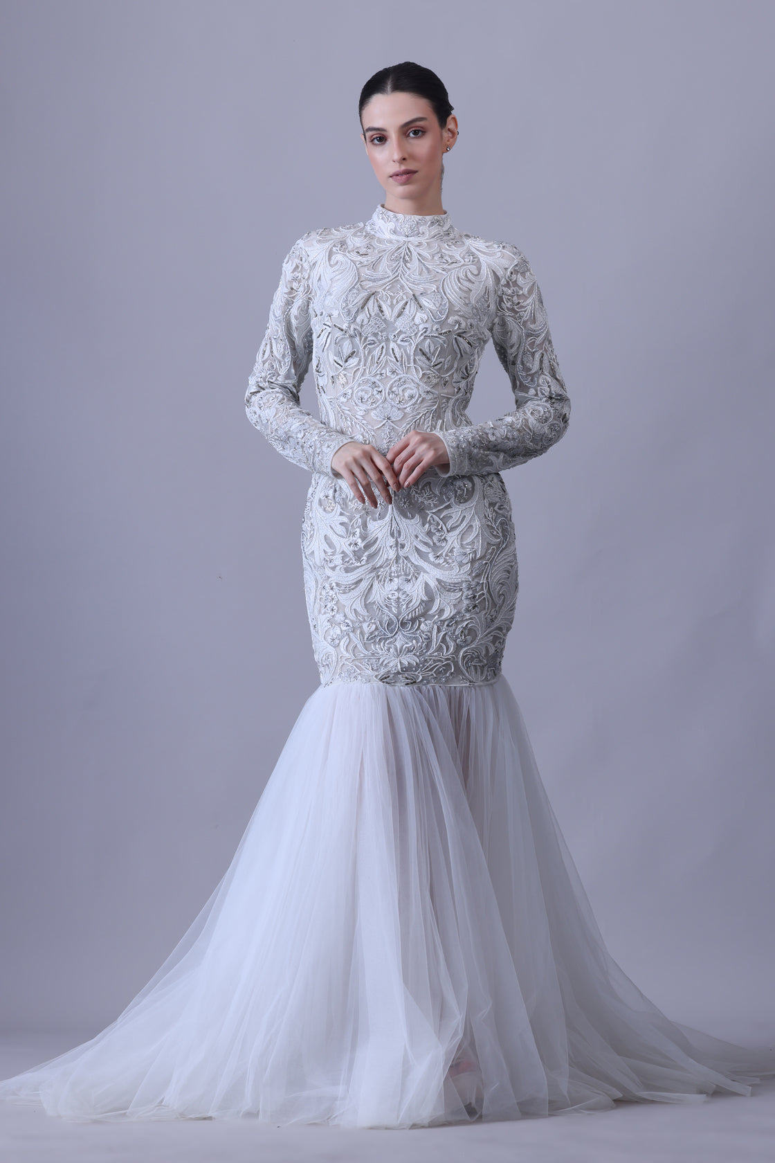 Exude timeless elegance in this high-neck gown