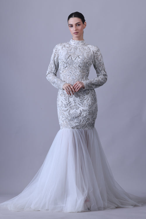 Exude timeless elegance in this high-neck gown