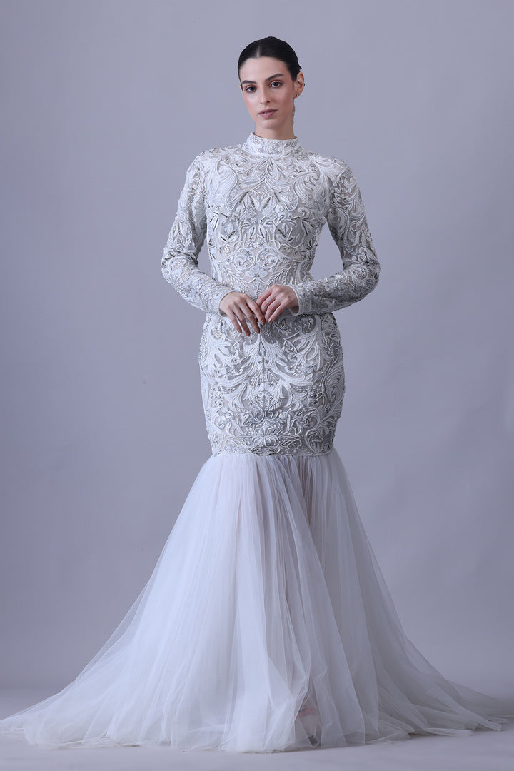 Moonlit Ivory Gown with Embroidered Bodice and Tulle Flare