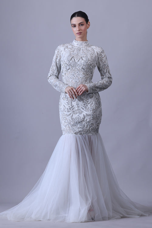 Moonlit Ivory Gown with Embroidered Bodice and Tulle Flare