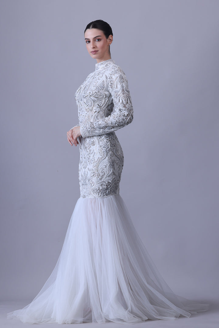 Moonlit Ivory Gown with Embroidered Bodice and Tulle Flare