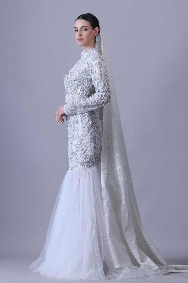 Moonlit Ivory Gown with Embroidered Bodice and Tulle Flare