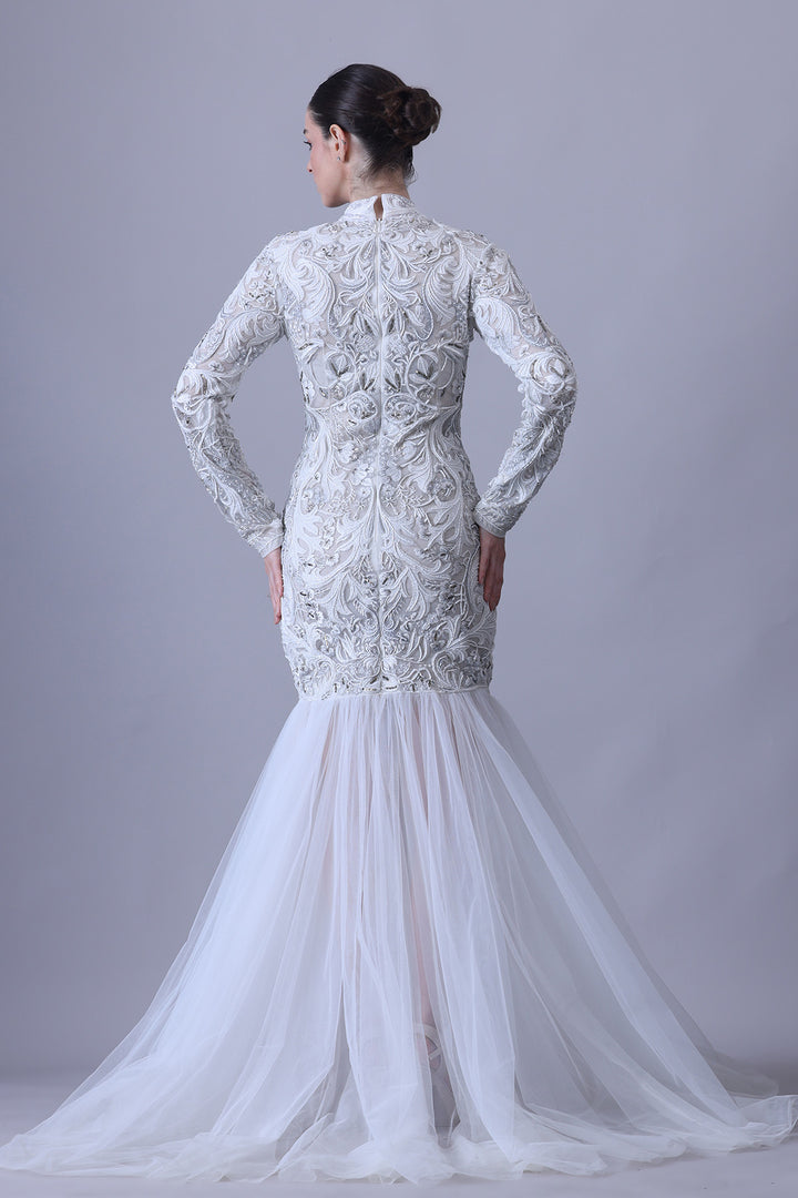 Moonlit Ivory Gown with Embroidered Bodice and Tulle Flare