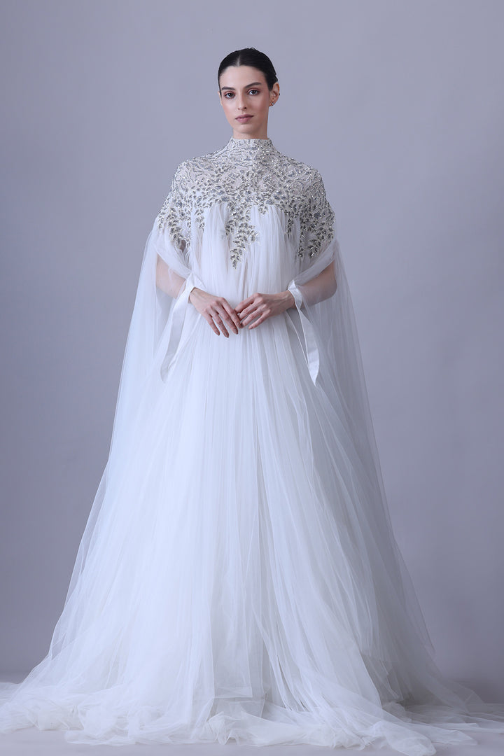 Ethereal Ivory Embroidered Dress with Draped Tulle Overlay