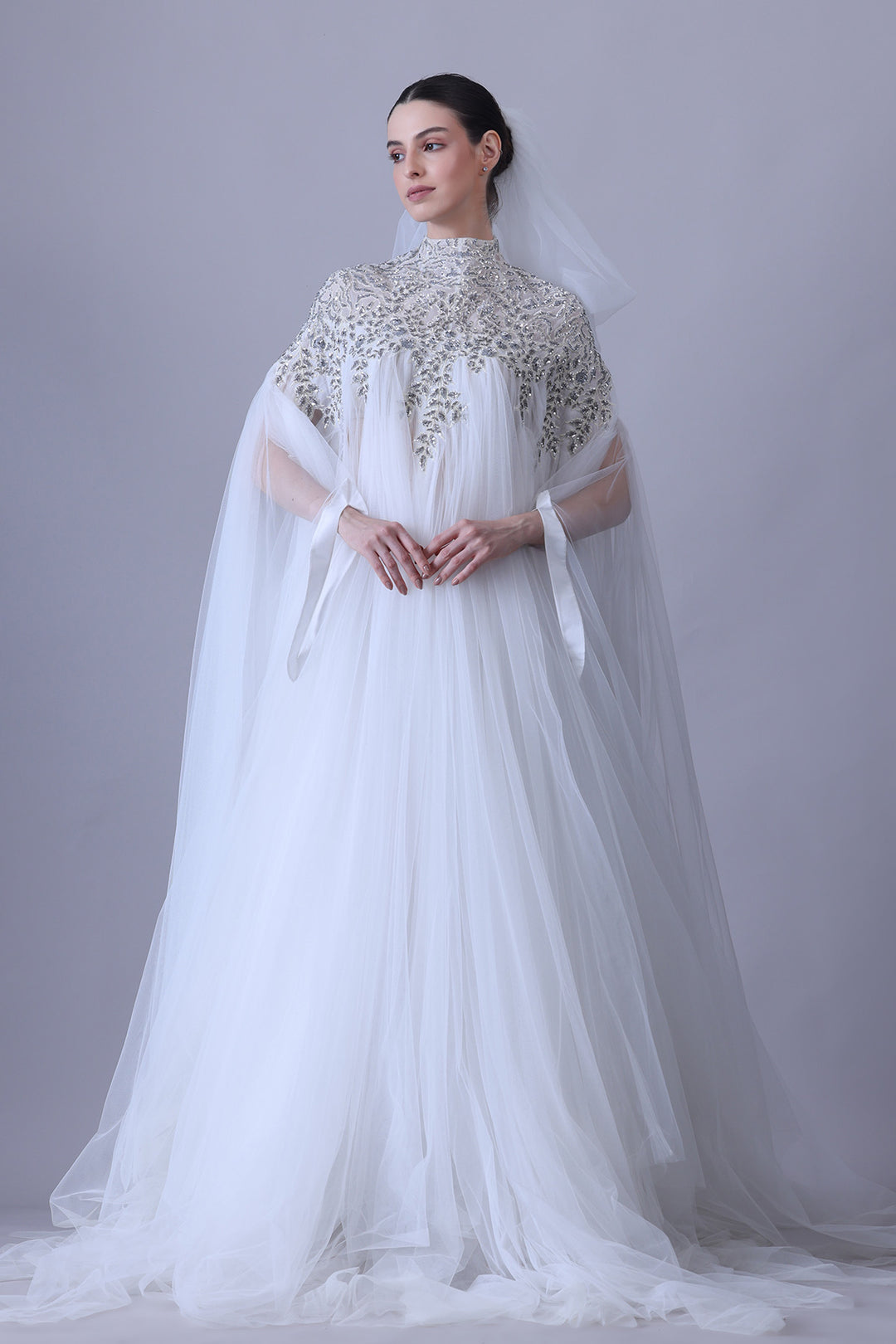 Ethereal Ivory Embroidered Dress with Draped Tulle Overlay